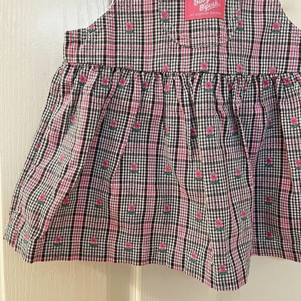 Vintage Oshkosh Baby B'gosh Floral Pink Black Plaid Dress USA Girls SZ 18 Months